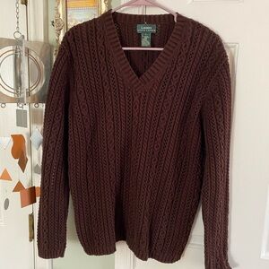 LAUREN RALPH LAUREN Sweater Size L Cable Knit 100% Cotton Dark Brown